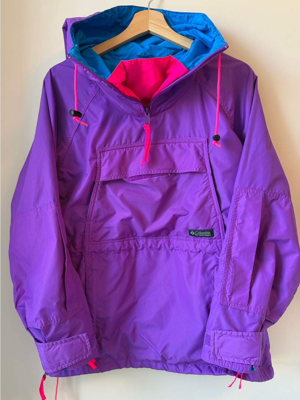 Vintage Columbia Purple Ski Pullover Jacket with Blue Lining and Pink Accents M